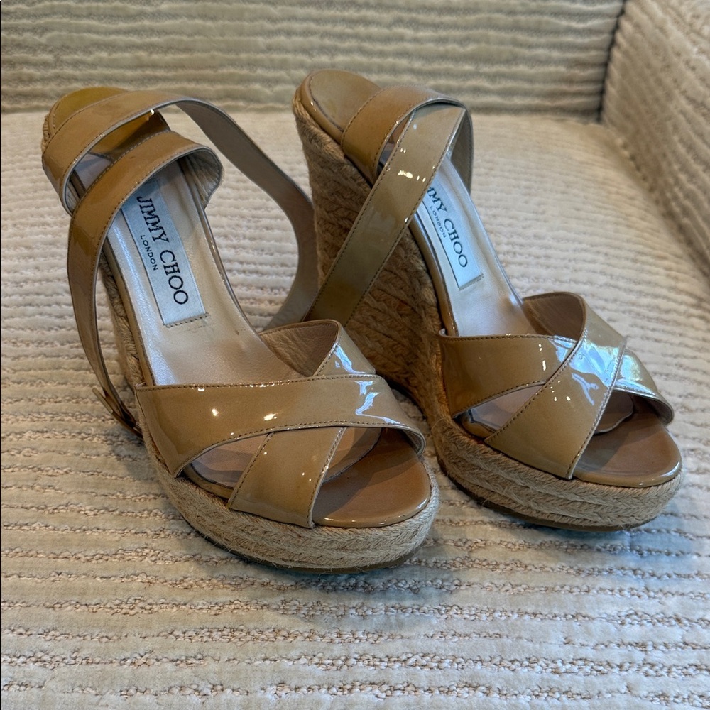Jimmy Choo Beige Patent Leather Espadrille Wedges